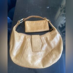 Barely used- gold leather bag and wallet